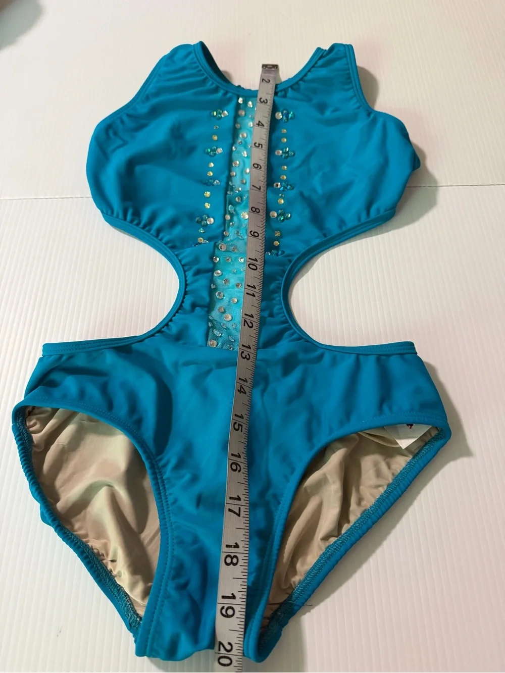 Opra solo custom dance costume leotard cutout illusion teal aqua LC-large child